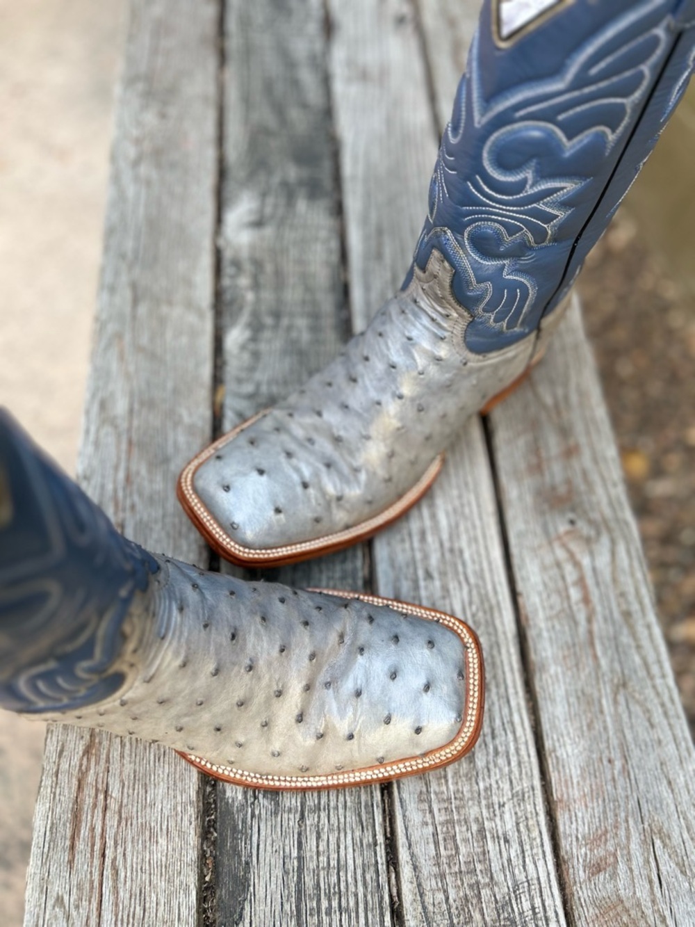 Handmade Gray Ostrich & Blue Square Toe Cowboy Boots Size 10D - Picture 3 of 15